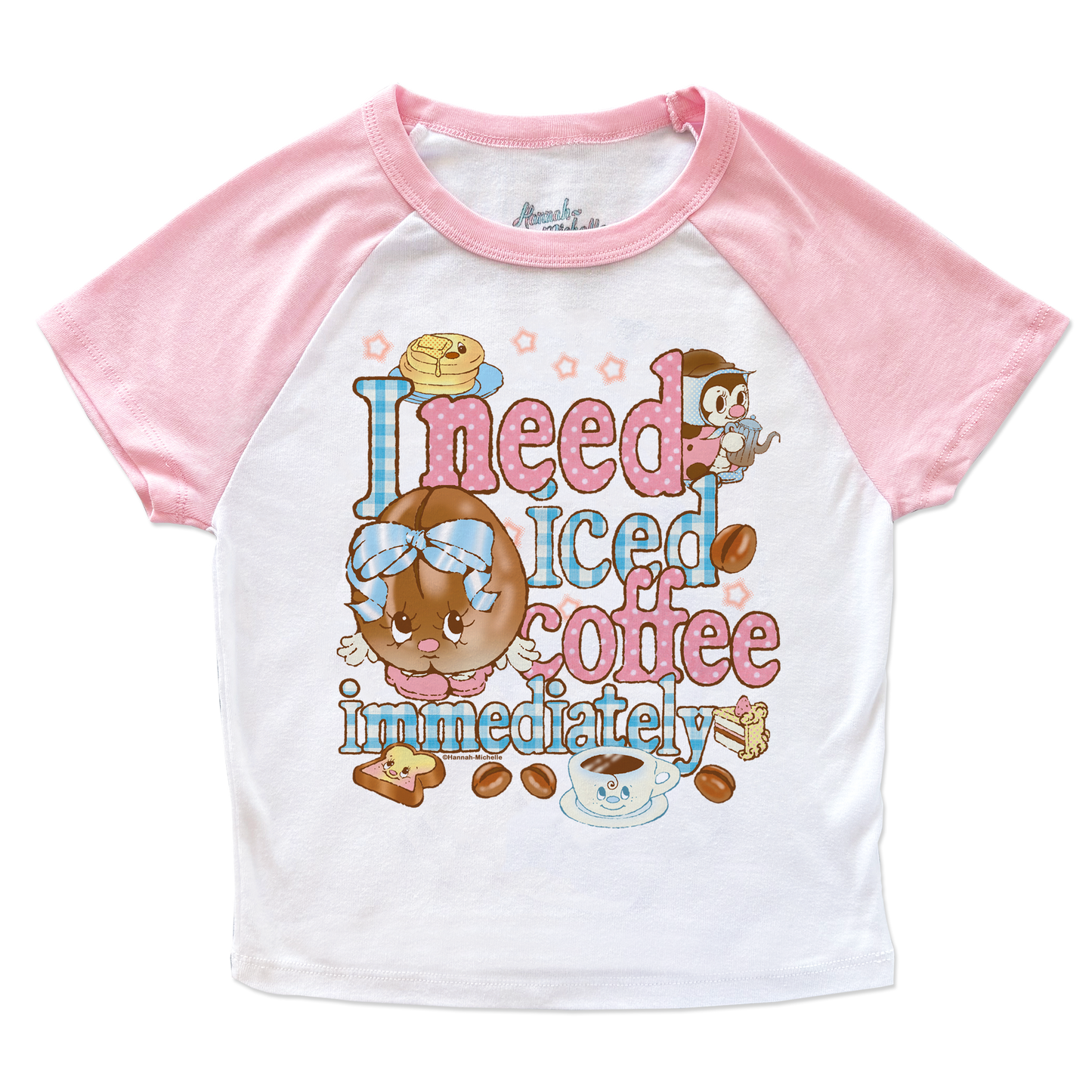I need coffee immediately micro rib raglan printed baby tee (pink sleeve)