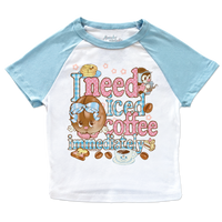 I need coffee immediately micro rib raglan printed baby tee (blue sleeves)