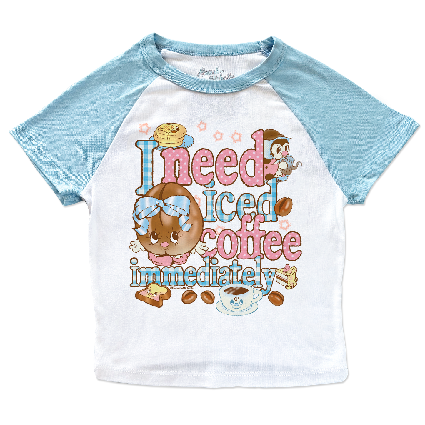 I need coffee immediately micro rib raglan printed baby tee (blue sleeves)