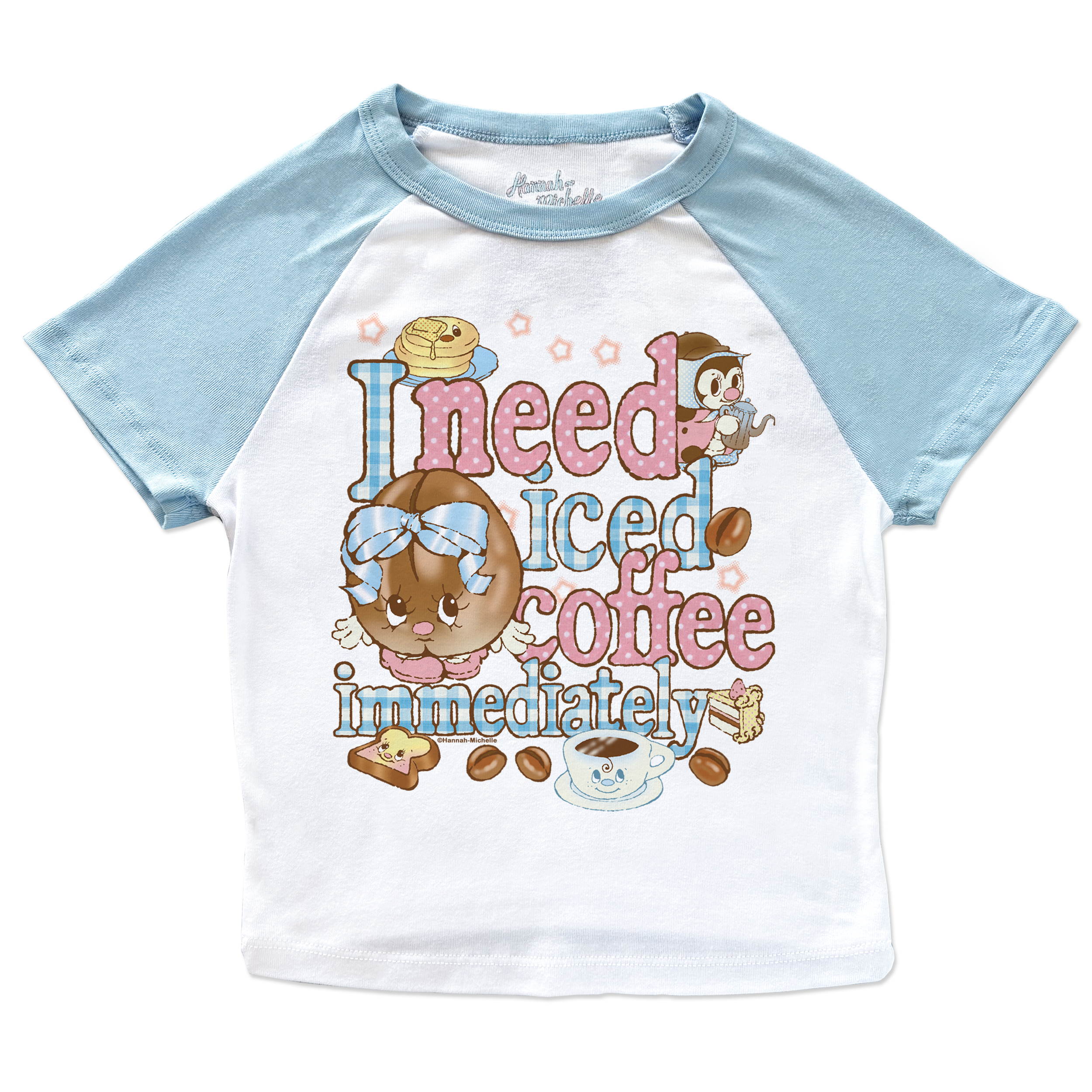 I need coffee immediately micro rib raglan printed baby tee (blue sleeves)