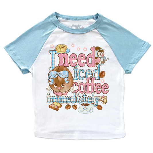 I need coffee immediately micro rib raglan printed baby tee (blue sleeves)