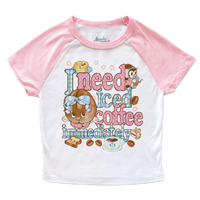 I need coffee immediately micro rib raglan printed baby tee (pink sleeve)