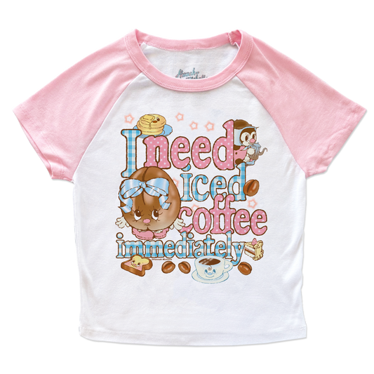I need coffee immediately micro rib raglan printed baby tee (pink sleeve)